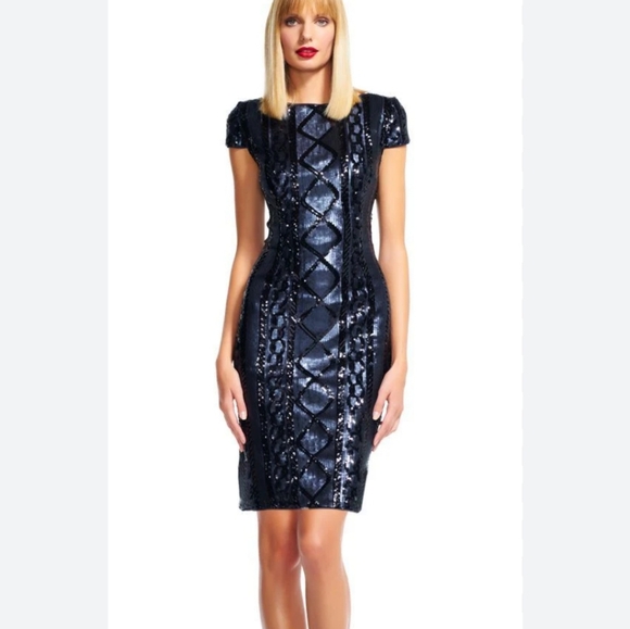 Adrianna Papell Dresses & Skirts - Adrianna Papell Navy Cap Sleeve Cable Sequin Sheath Dress size 8